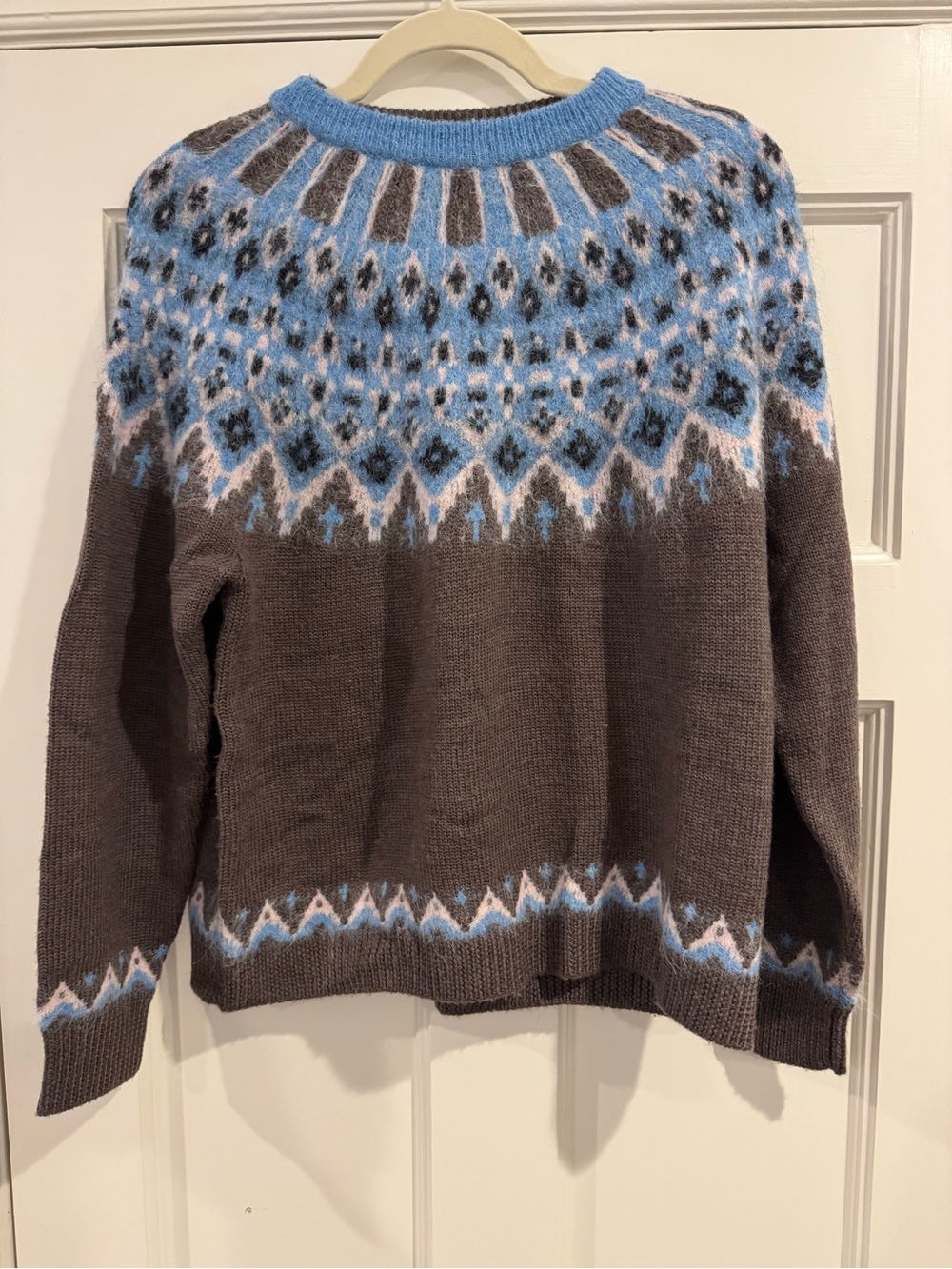 STAUD Brown and Light Blue Fair Isle Crewneck Sweater